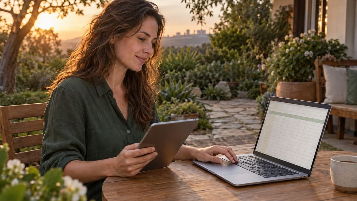 Mulher consulta um tablet ao lado de um computador com uma grade de planilha vazia, em uma mesa de jardim ao entardecer.