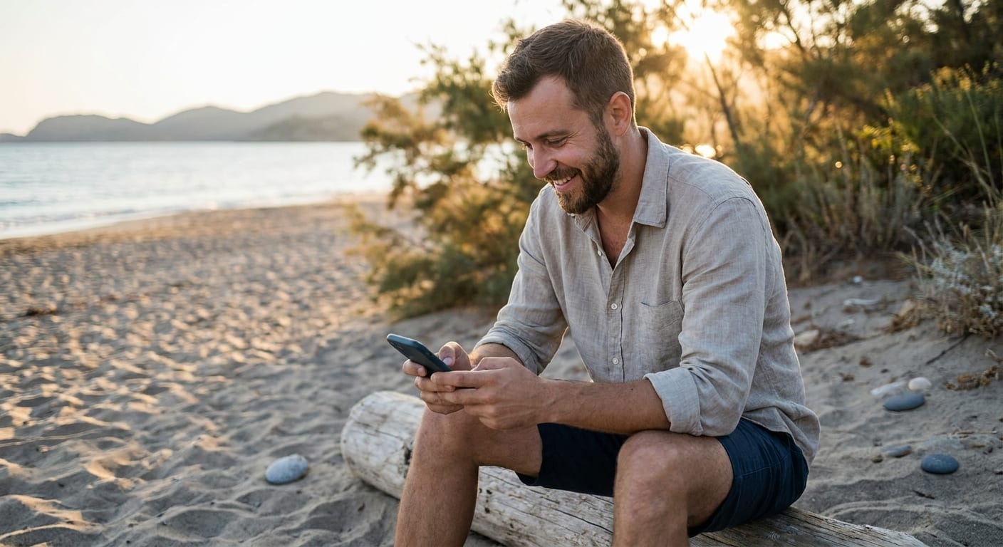 Pessoa usando o celular em um ambiente tranquilo próximo ao mar.