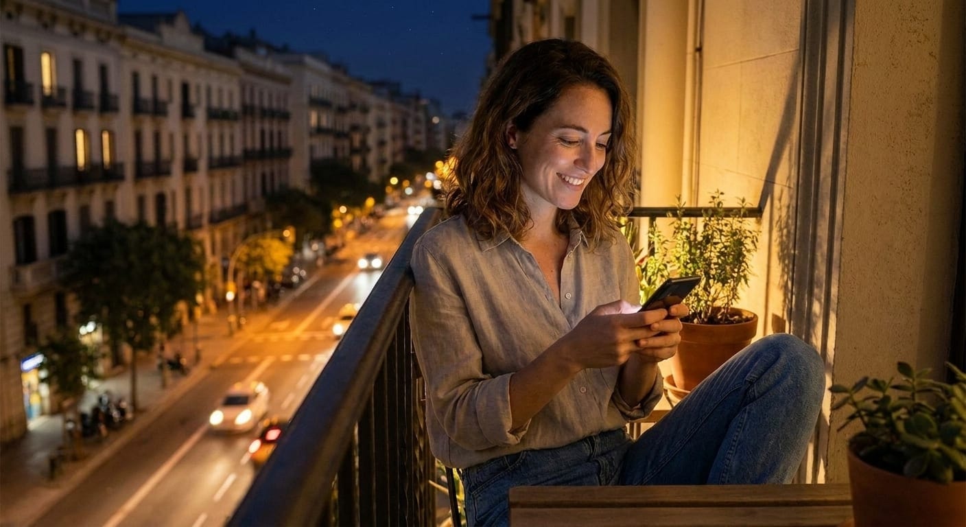 Pessoa usando o celular em uma varanda da cidade à noite.