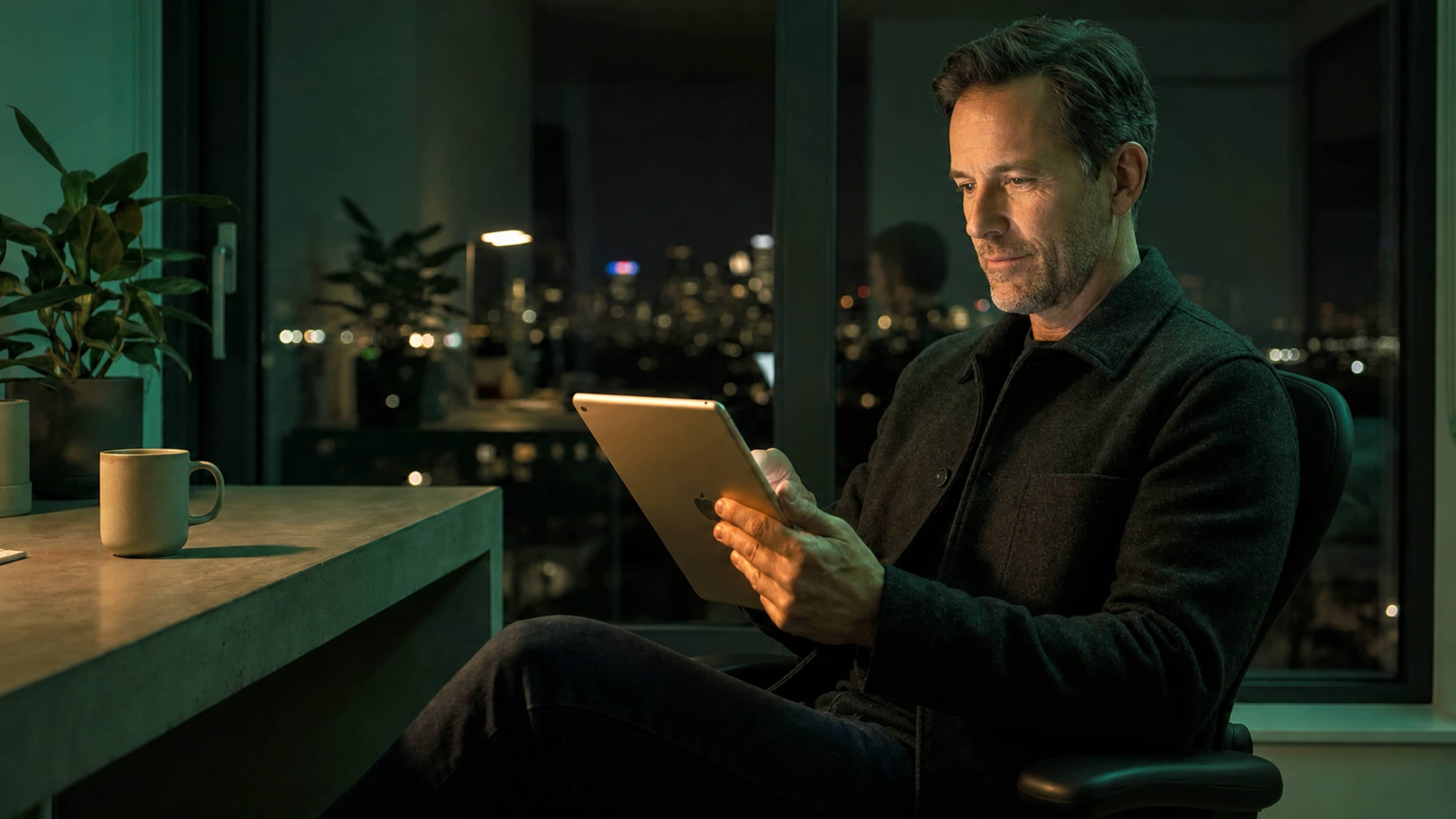 Pessoa concentrada revisando informações em um tablet à noite.