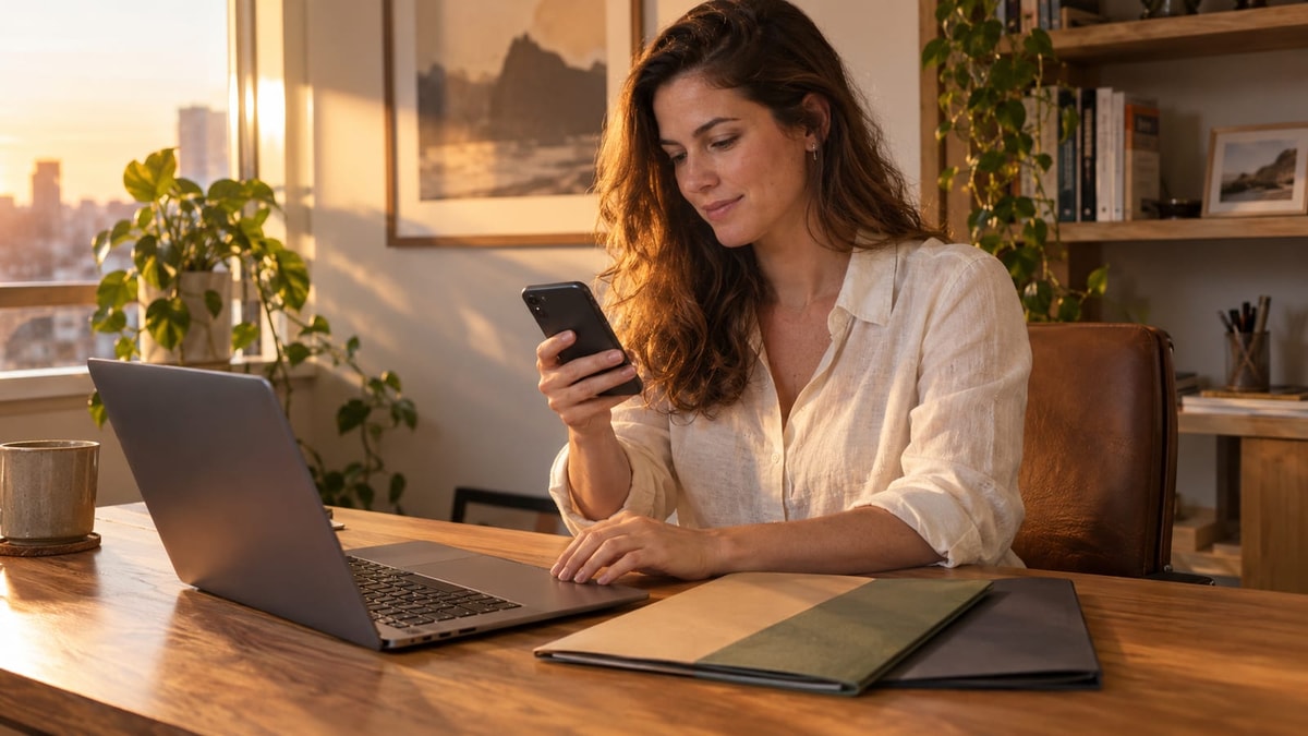 Mulher confere informações no celular e no notebook, com pastas organizadas sobre a mesa de um home office ao pôr do sol.
