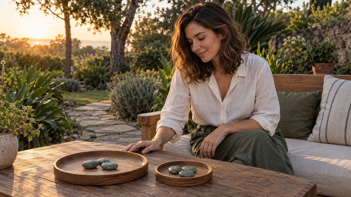 Imagem ilustrativa gerada por IA: em um jardim ao pôr do sol, mulher observa duas bandejas de tamanhos diferentes, cada uma com três pedras verdes, representando quantidades iguais em relação a bases diferentes.