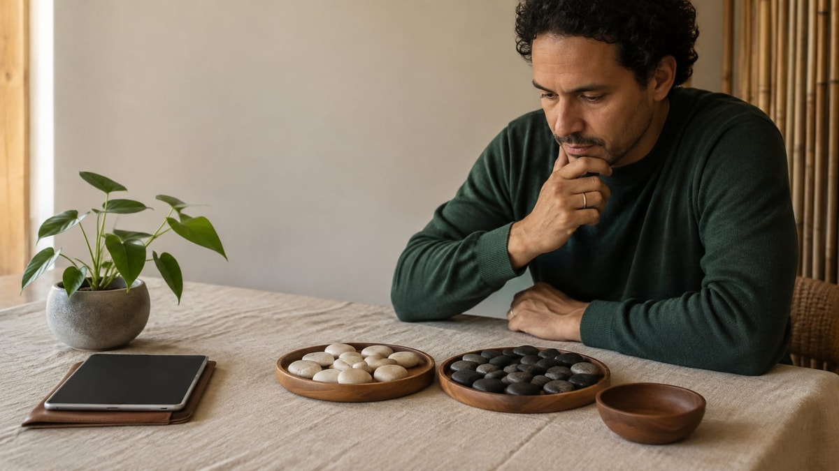 Pessoa compara peças de moedas sobre uma mesa, com uma delas separada das demais.