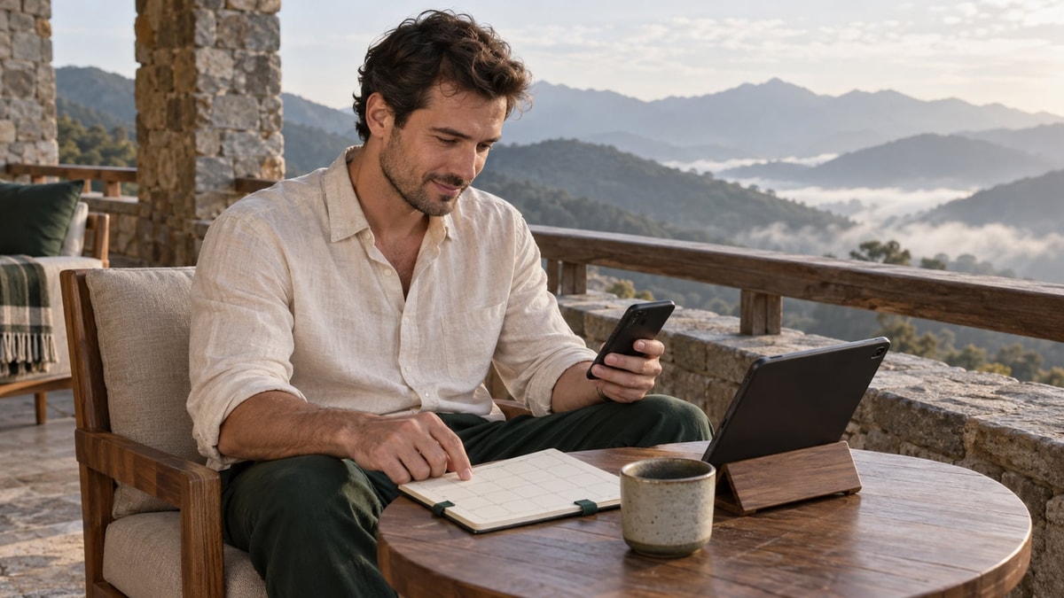 Homem consulta um celular ao lado de um tablet e aponta para um calendário em uma varanda com vista para montanhas pela manhã.