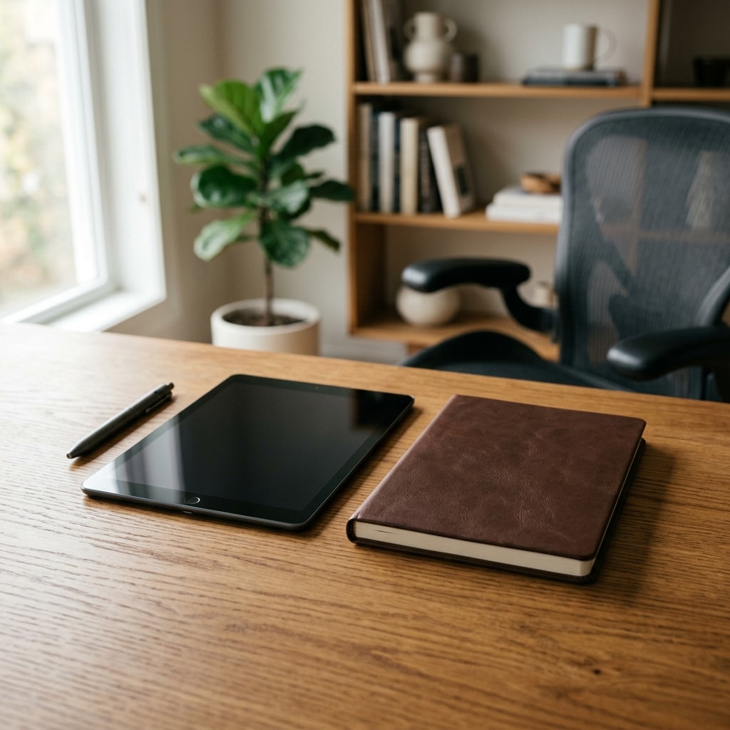 Ambiente de trabalho tranquilo, com mesa de madeira, cadeira ergonômica, estante de livros e uma caderneta de couro.