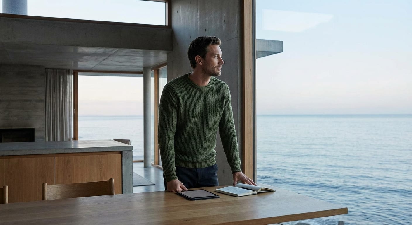 Pessoa com tablet e caderno em uma casa próxima ao mar.