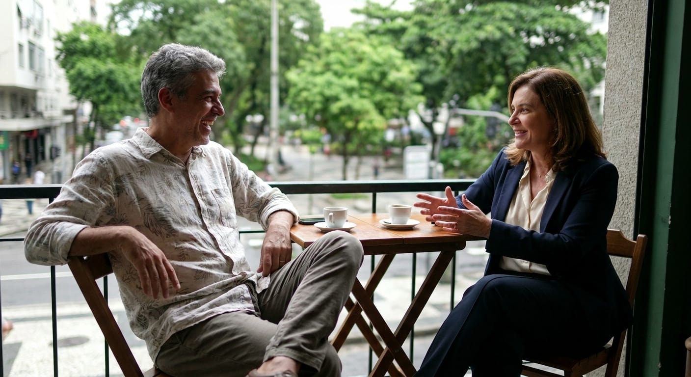 Duas pessoas conversando em uma mesa de café.