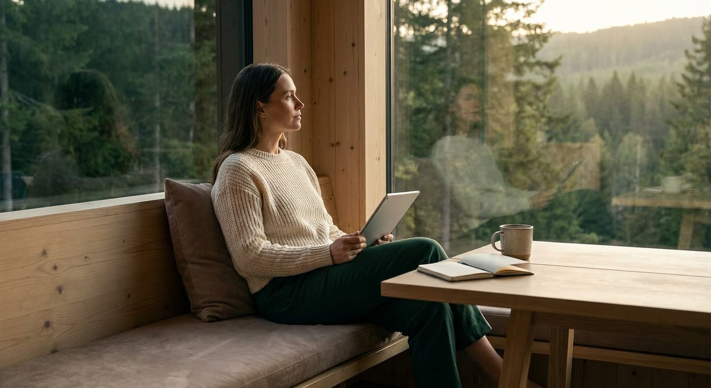 Pessoa com tablet e caderno em um ambiente tranquilo próximo à natureza.