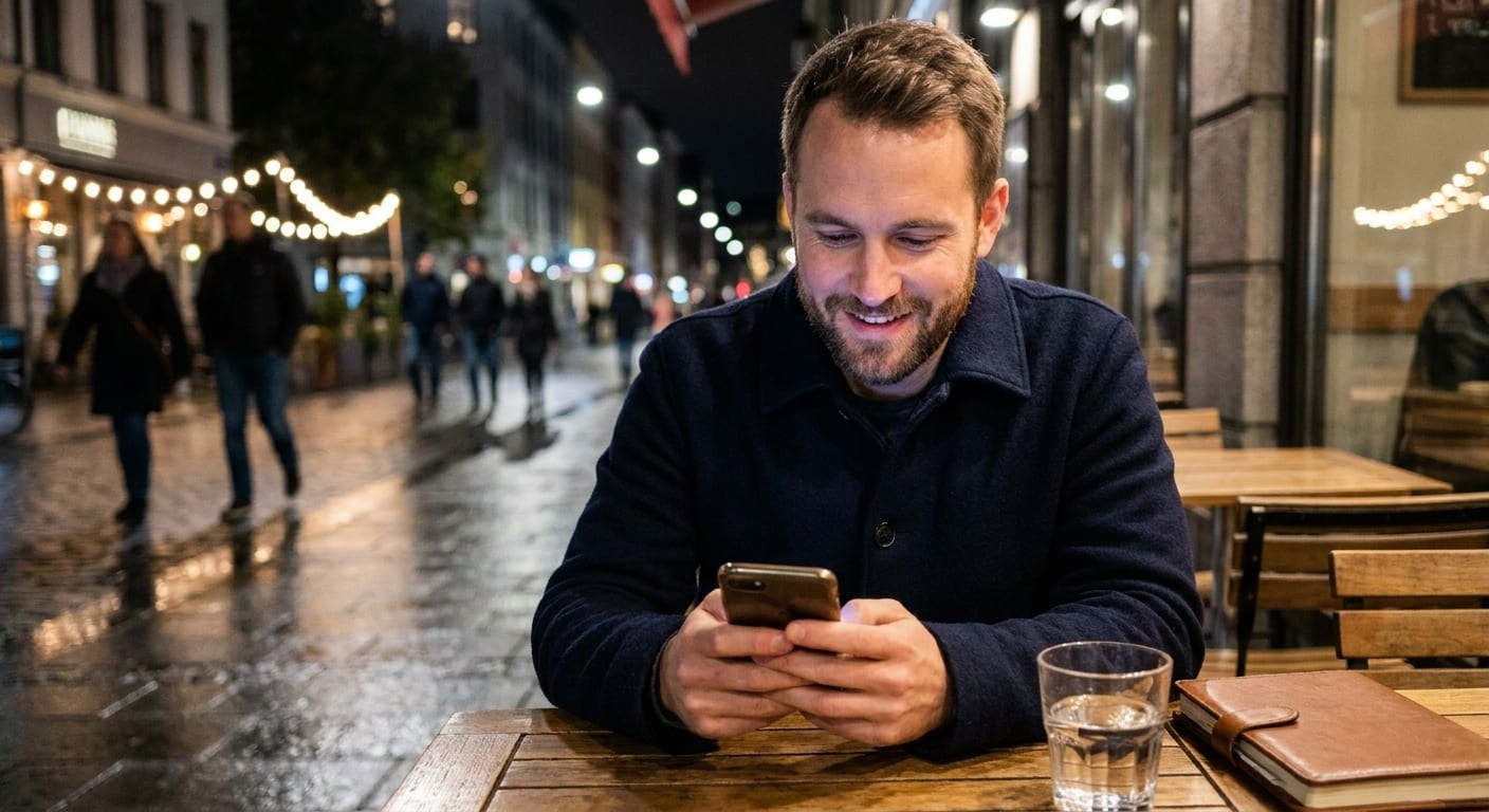 Pessoa usando o celular em uma mesa de café na cidade à noite.
