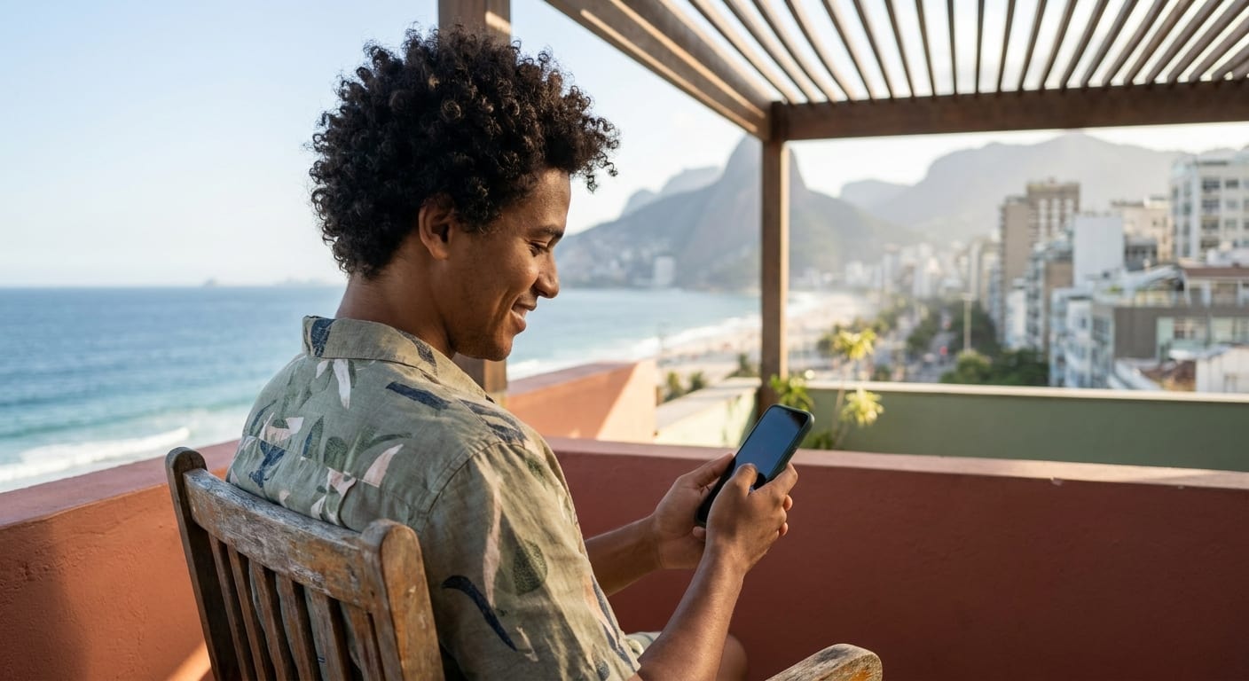 Pessoa usando o celular em uma varanda com vista para a cidade e o mar.
