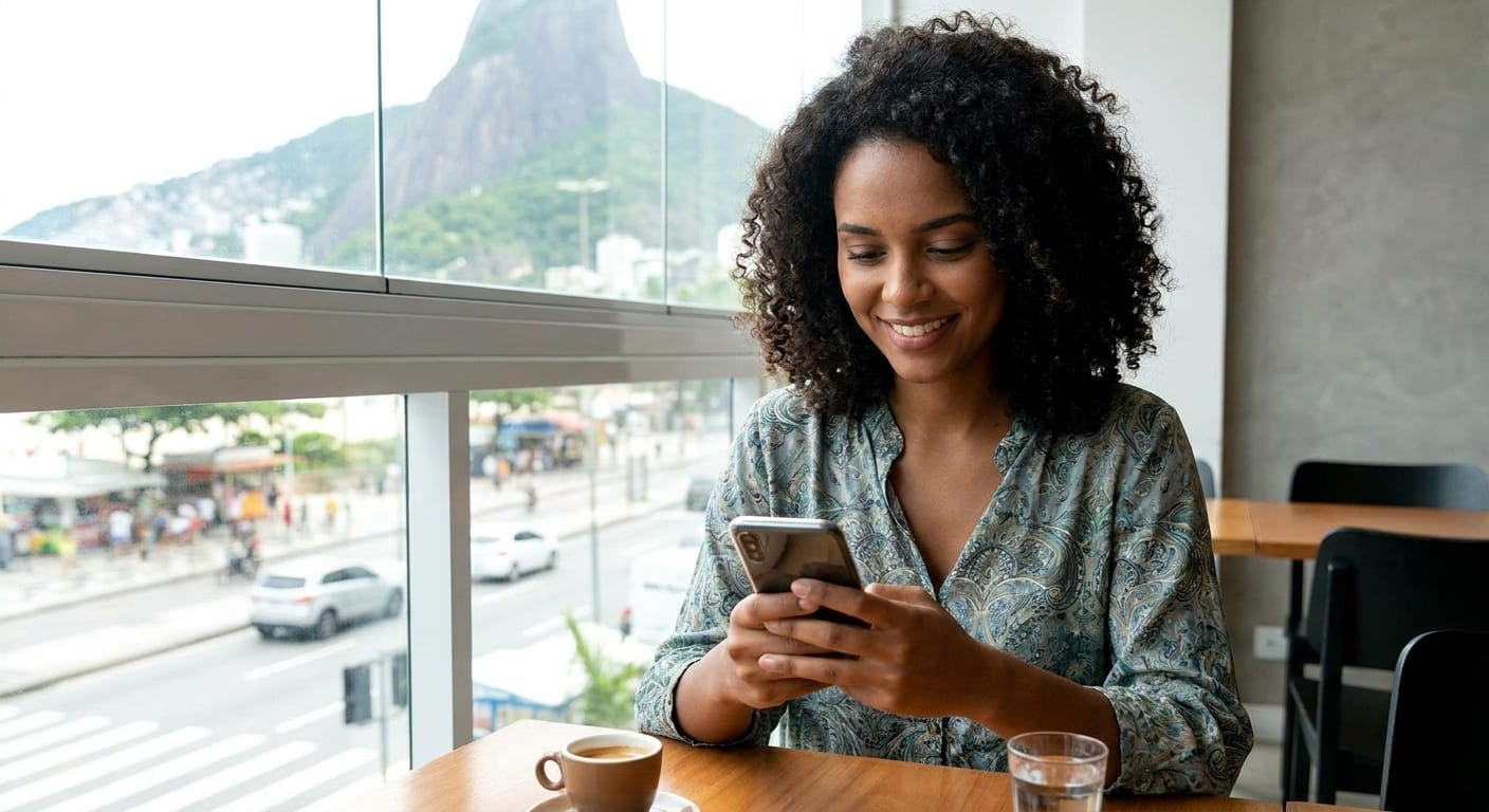 Pessoa usando o celular em uma mesa de café com vista para a cidade.