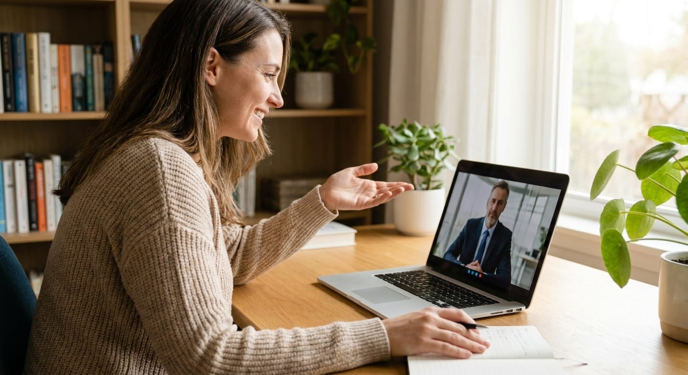 Pessoa participando de uma conversa por vídeo em uma mesa de trabalho durante o dia.