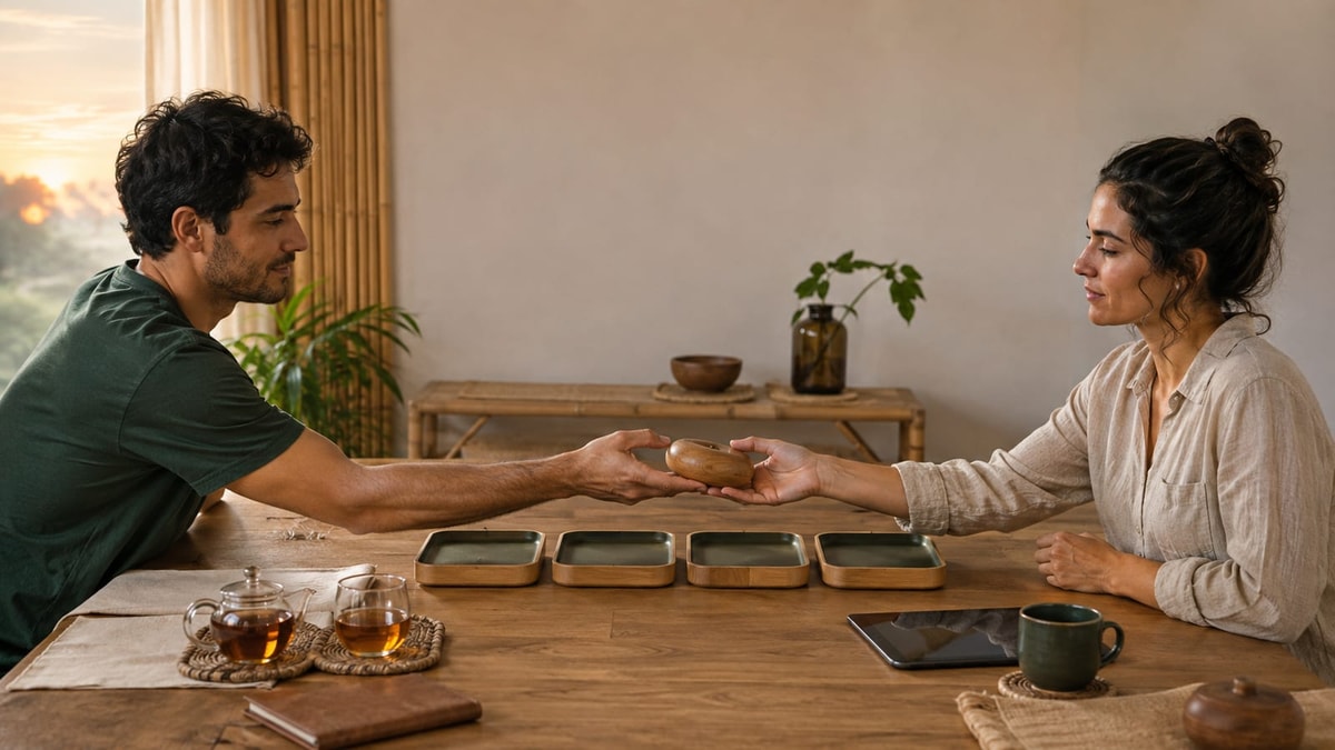 Pessoa organiza peças de madeira em etapas conectadas sobre uma mesa clara.