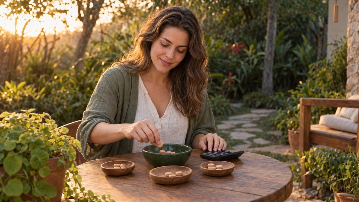 Imagem ilustrativa gerada por inteligência artificial: mulher reúne peças de madeira em um recipiente verde ao lado de uma calculadora, em um jardim ao pôr do sol, representando a soma de dividendos recebidos.