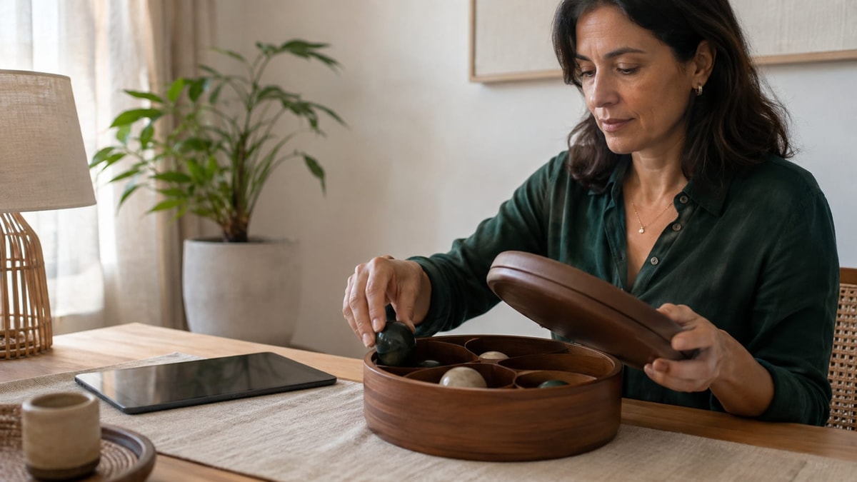 Pessoa guarda peças organizadas em compartimentos seguros sobre uma mesa clara.