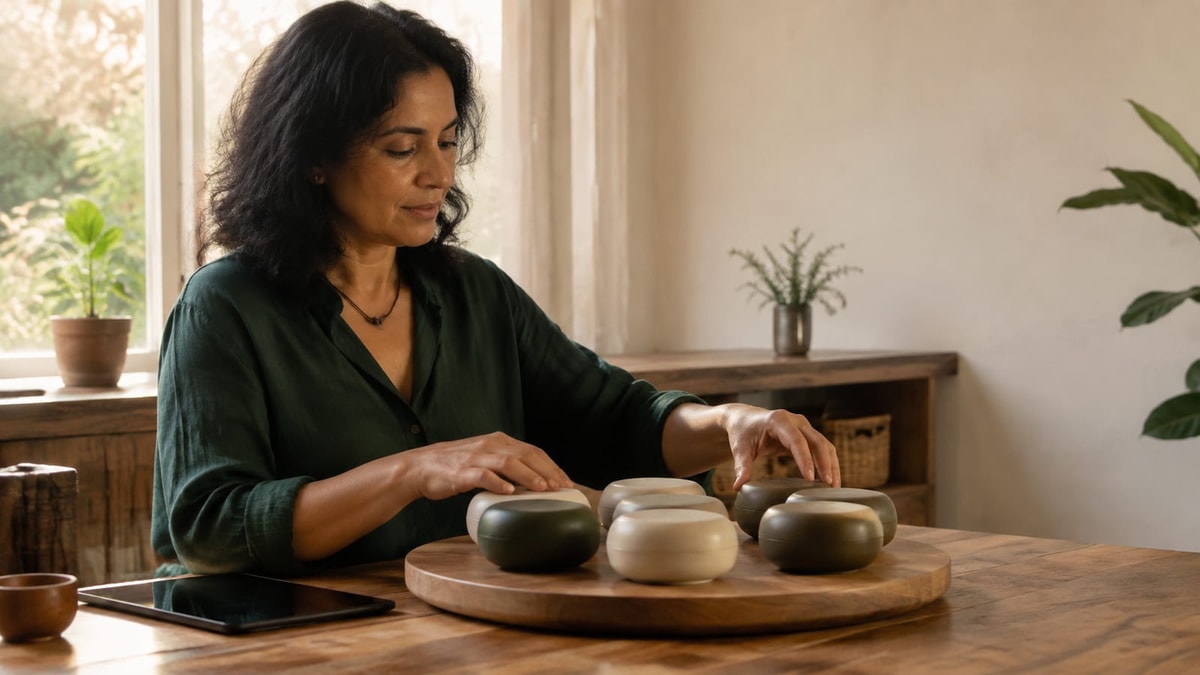Pessoa organiza diferentes recipientes em uma composição equilibrada sobre a mesa.