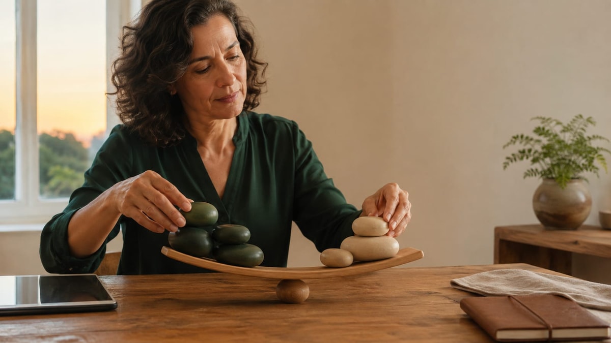 Pessoa equilibra peças em direções opostas para representar estratégias de fundos.