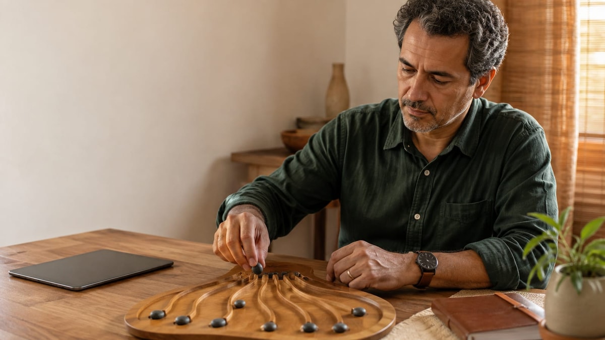 Pessoa distribui pedras por caminhos curvos para representar cenários possíveis.